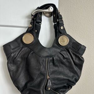 RARE Gustto Black Pebbled Leather Shoulder Bag with Gold Hardware